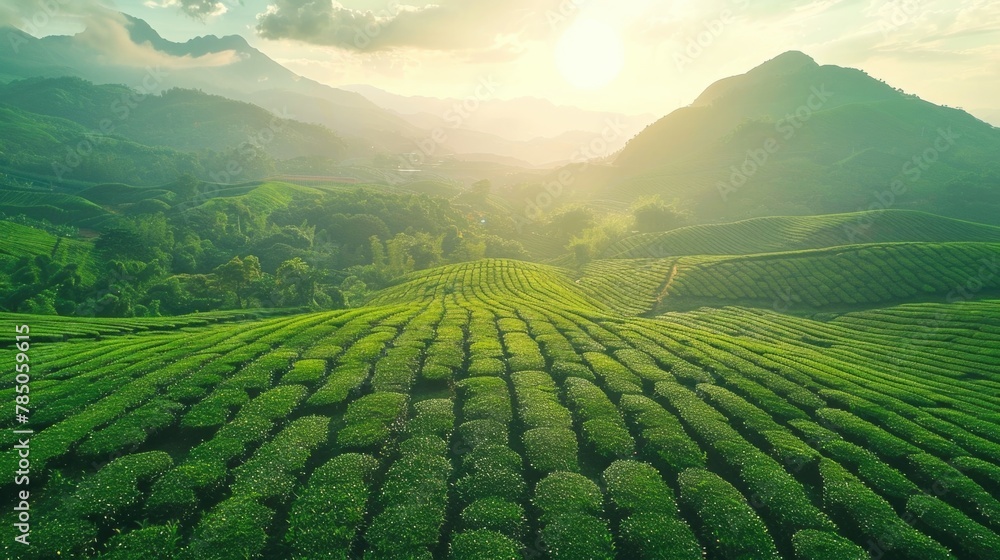 Serene Green Tea Plantation at Sunrise in Lush Mountains