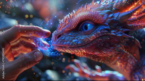 A closeup of an animators hand bringing to life a fantasy creature that blends elements of magic and technology
