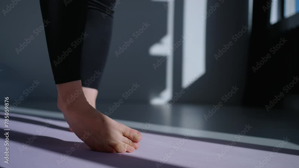 Sport Exercise In Fitness Studio, Closeup View Of Female Foot On Sportive Mat Warming And Stretching Sport Exercise In Fitness Studio, Closeup View Of Female Foot On Sportive Mat Warming And Stretching