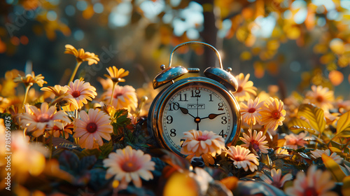 Daylight saving time ends. Alarm clock on beautiful nature background with summer flowers and autumn leaves