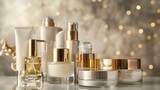 Luxurious Skincare Products Collection with Golden Accents and Bokeh Background