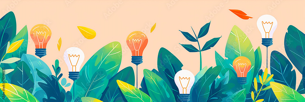 Clip art of idea light bulb blooming from grass and flowers
