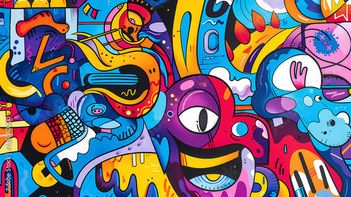 Vibrant Abstract Mural with Dynamic Characters