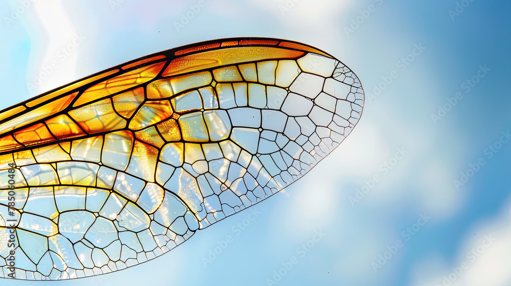 The translucent wing of a wasp glows with a stained-glass effect against the azure sky, showcasing the delicate lattice pattern.