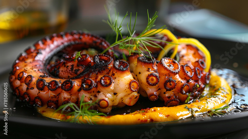 Grilled octopus on black plate. Traditional Mediterranean dish photo