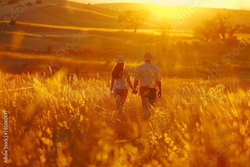 Golden hour walk through the prairie: A cowboy and cowgirl holding hands