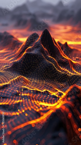 3D glowing wireframe landscape