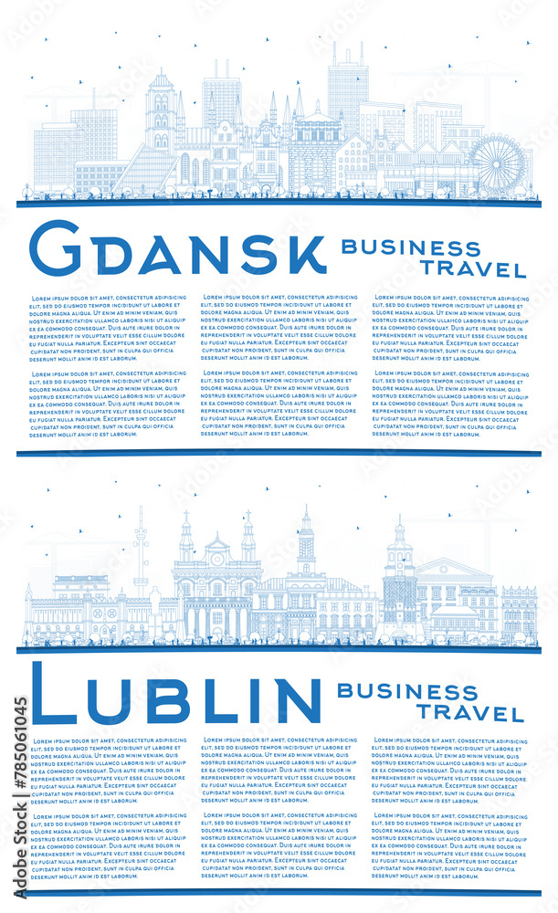 Outline Lublin and Gdansk Poland city skyline set with blue buildings and copy space. Cityscape with landmarks. - obrazy, fototapety, plakaty 