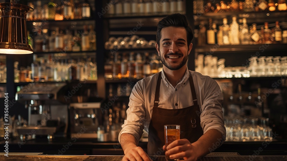 happy bartender smiles and hands the client a drink in a glass. beer for guests at the bar happy bartender smiles and hands the client a drink in a glass. beer for guests at the bar