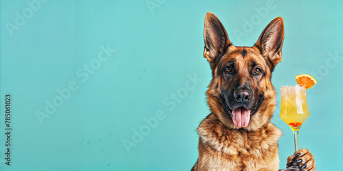 A happy german shepherd dog holding a fresh tropical cocktail, on a pastel blue background