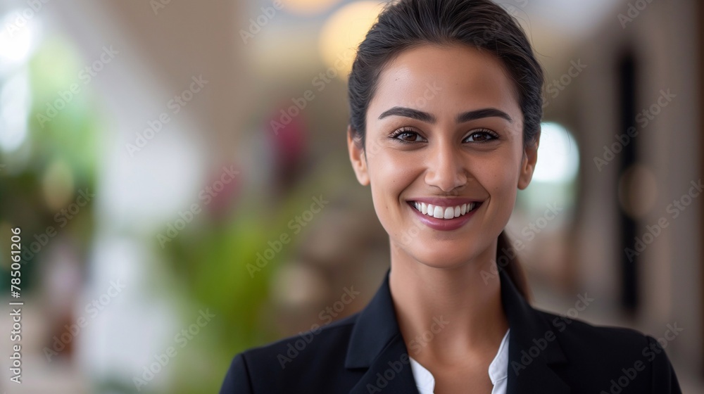 close portrait of an official strict beautiful woman who smiles with collected hair in a suit against a blurred background of the hotel entrance area close portrait of an official strict beautiful woman who smiles with collected hair in a suit against a blurred background of the hotel entrance area