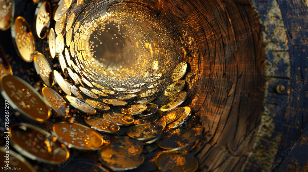 Coins in a golden spiral fall into a chest, a 3D image of wealth and mystery.
