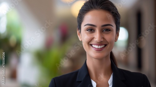 close portrait of an official strict beautiful woman who smiles with collected hair in a suit against a blurred background of the hotel entrance area