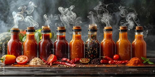 Vibrant Collection of Artisanal Spicy Hot Sauces Showcased Against a Smoky Background Highlighting Their Intense Flavors and Aroma