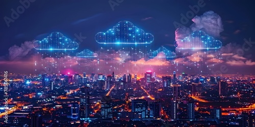 Futuristic Cityscape with Digital Clouds Representing Data Centers Symbolizing Widespread Cloud Computing Adoption photo