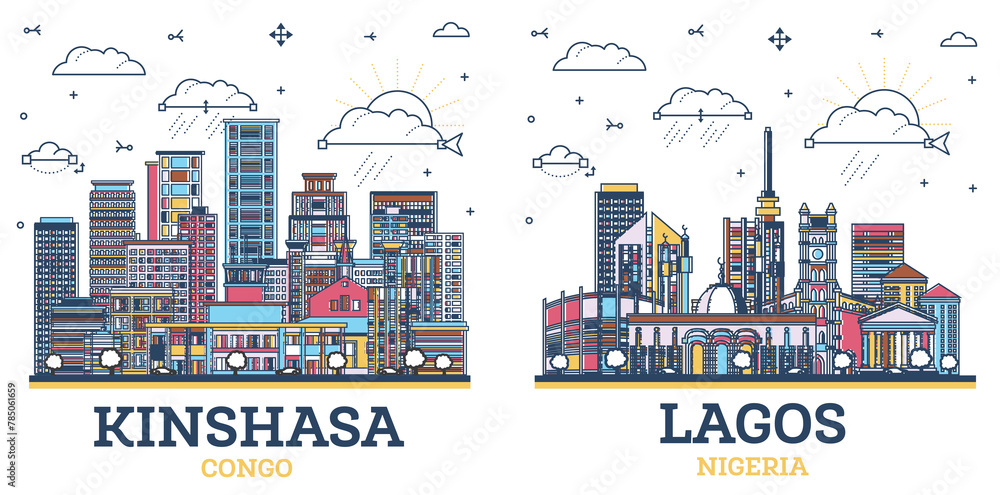 Obraz premium Outline Lagos Nigeria and Kinshasa Congo City Skyline set with Modern Colored Buildings Isolated on White. Cityscape with Landmarks.