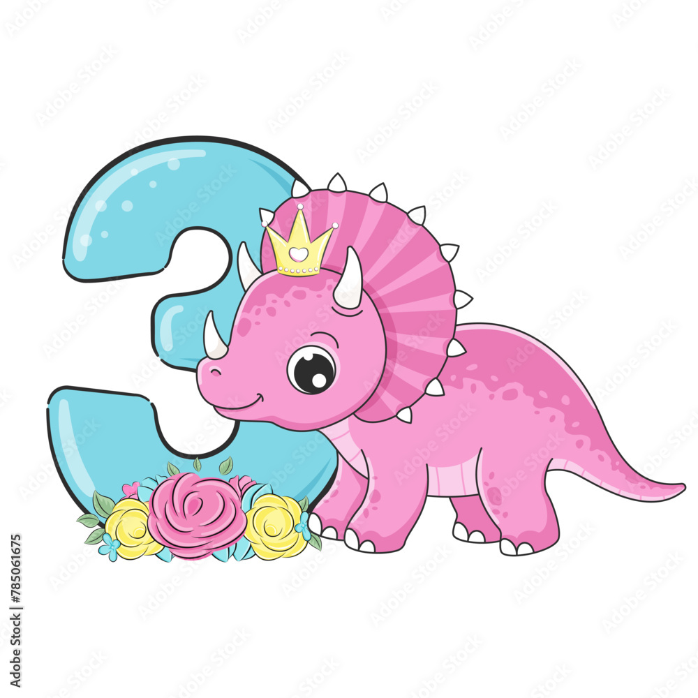 Fototapeta premium HAPPY birthday card for third birthday with dino. Vector illustration.