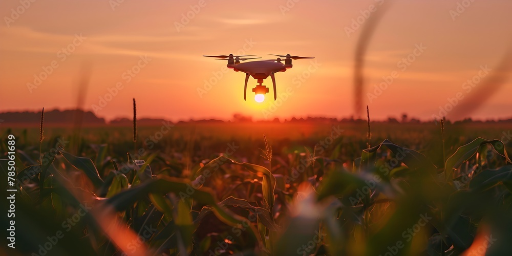 Precision Drone Surveying Cornfield at Golden Hour for Optimized Crop Yield and Resource Management