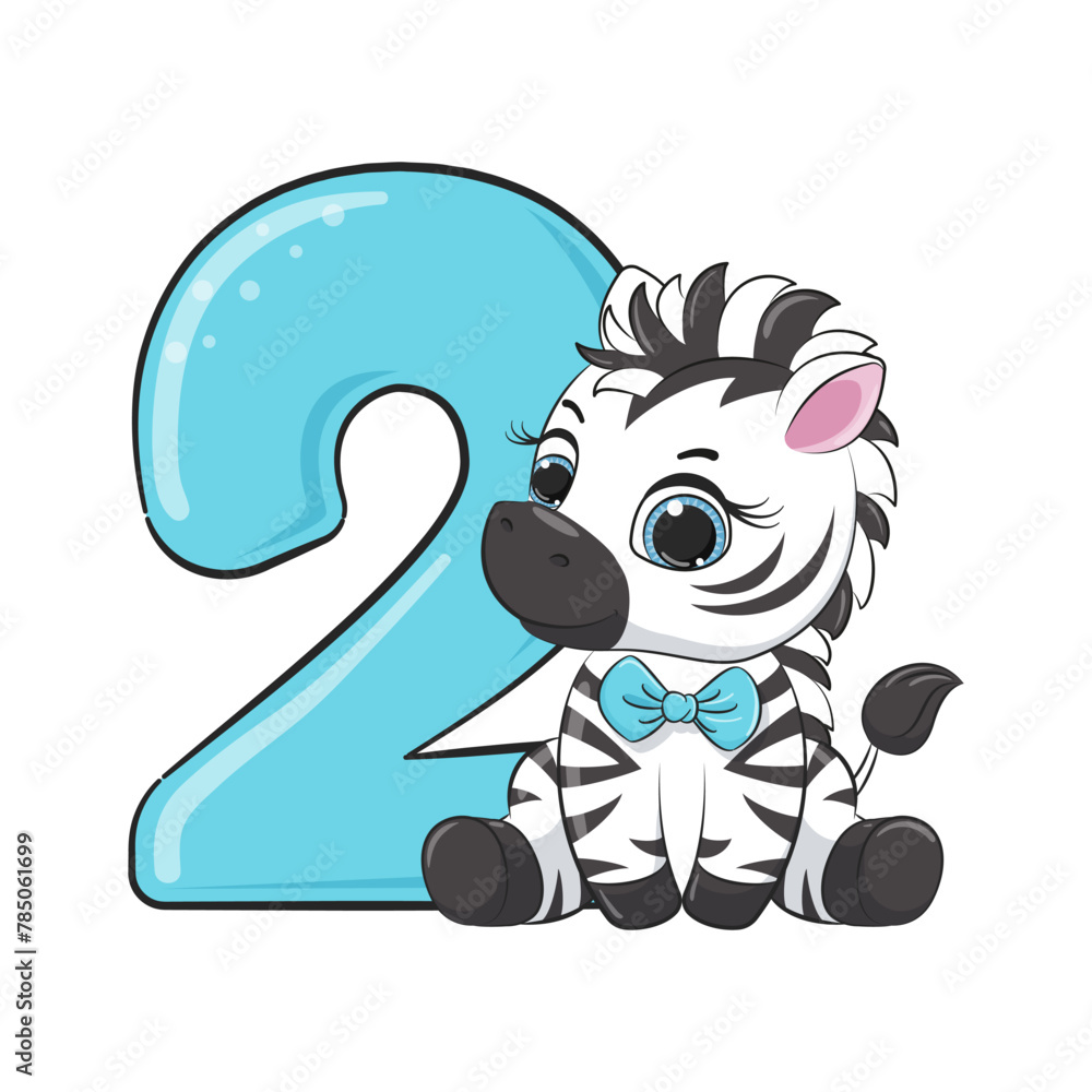 Obraz premium HAPPY birthday card for second birthday with zebra. Vector illustration.