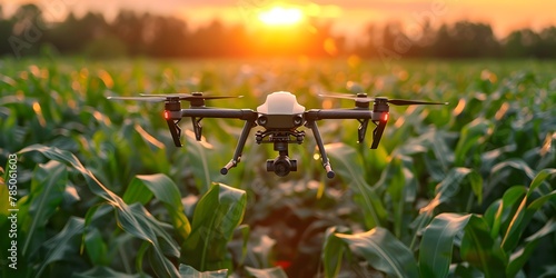 Drone Equipped with Advanced Sensors Capturing Data for Precision Agriculture over Vibrant Green Cornfield photo