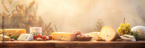 Artistic composition of a variety of cheese with fruits on a wooden table, perfect for gourmet food display