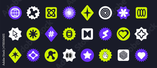Retro y2k elements for design. Set of modern stickers with globe, heart, pointer, star. Trendy geometric graphic elements. Vector illustration.