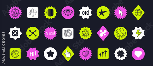 Y2k abstract geometric shapes and objects. Set of modern stickers with globe, heart, pointer, star. Trendy graphic elements. Vector illustration.