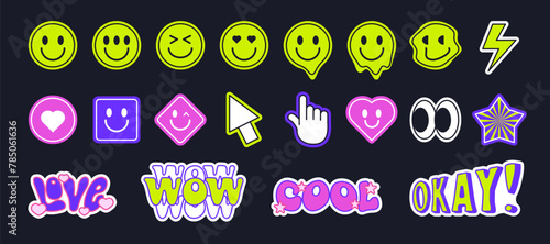 Set of retro stickers in the y2k style. Smiley face, heart, lightning bolt, arrow pointer. Vector illustration