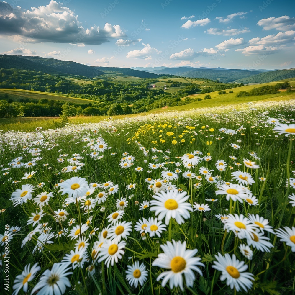 Daisies bloom in a vast meadow under a sunny sky, surrounded by mountains and wildflowers