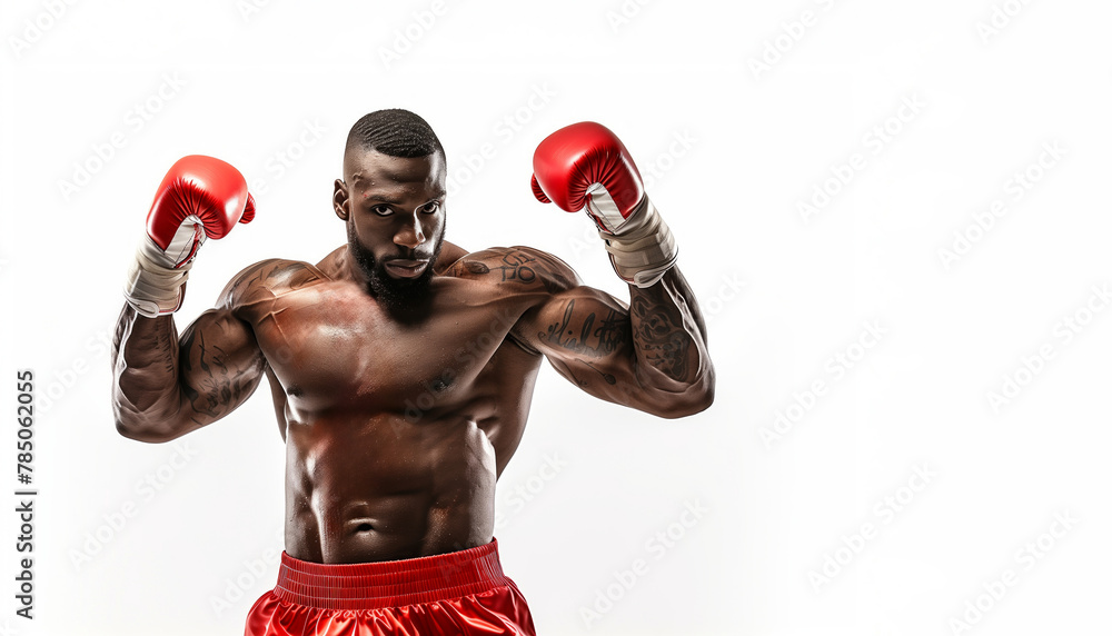 A man in a boxing ring with his arms raised and gloves on. Concept of strength and determination. powerful boxer full body isolated on white background