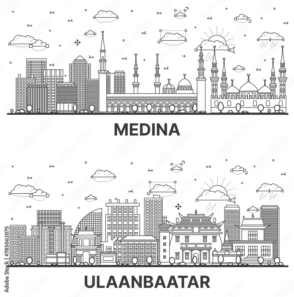 Outline Ulaanbaatar Mongolia and Medina Saudi Arabia City Skyline set with Modern and Historic Buildings Isolated on White. Cityscape with Landmarks.