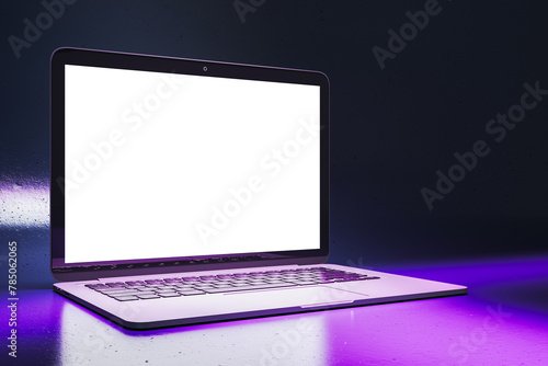 Close up of neon purple light gaming laptop with empty white mock up screen. 3D Rendering. © Who is Danny