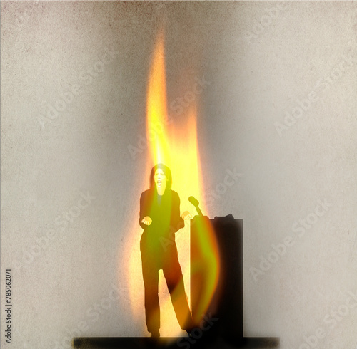 Angry woman speaking in flames on platform against beige background photo
