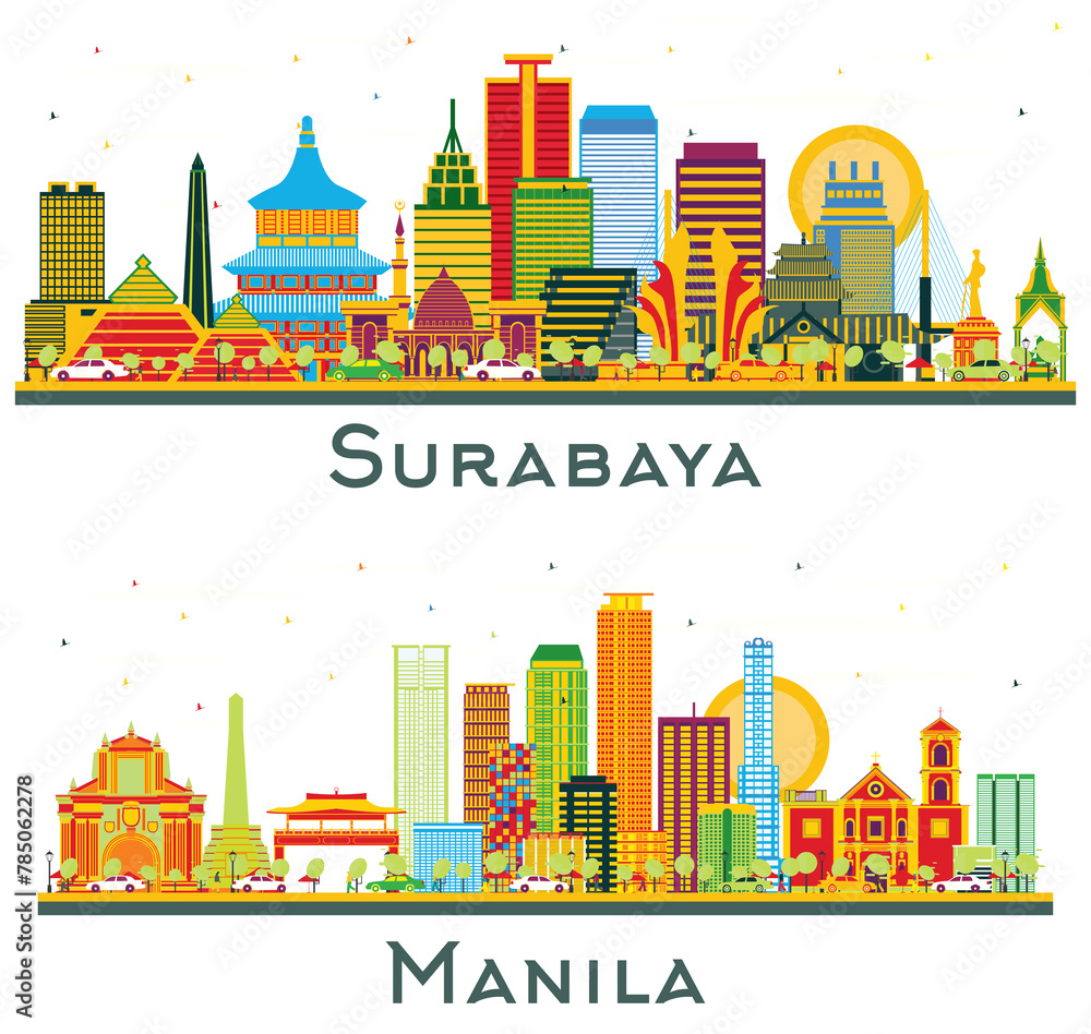 Manila Philippines and Surabaya Indonesia Skyline set with Color Buildings isolated on white. Cityscape with Landmarks.