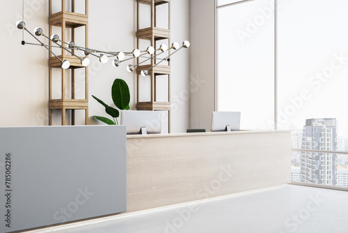 Side view of stylish light reception interior with desk, decorative plant, elements and panoramic window with city view. 3D Rendering.