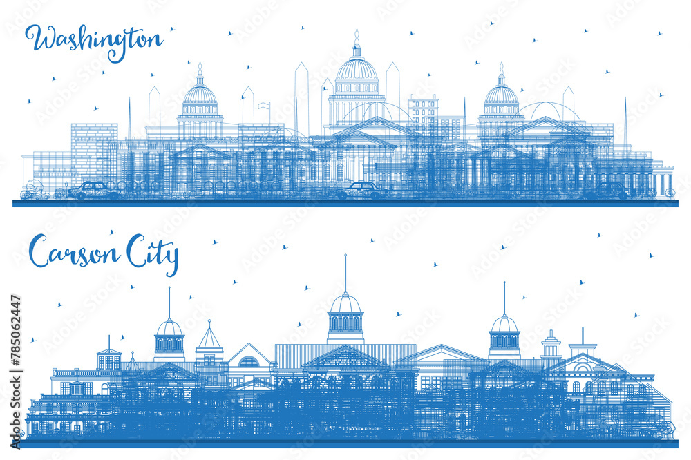 Outline Carson City Nevada and Washington DC USA City Skyline set with Blue Buildings. Business Travel and Tourism Concept with Historic Buildings. Washington DC Cityscape with Landmarks.