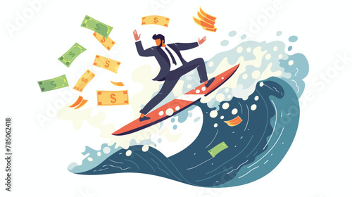 Businessman surfing financial seas. Riding dollar cash