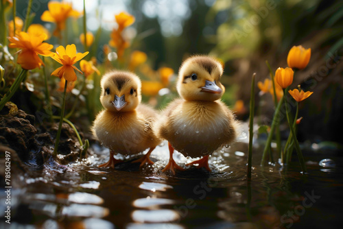 Tiny ducklings waddling through a garden pond, their adorable interactions with nature beautifully documented in HD.