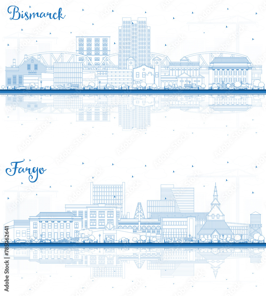 Outline Fargo and Bismarck North Dakota City Skyline set with Blue Buildings and reflections. Cityscape with Landmarks.