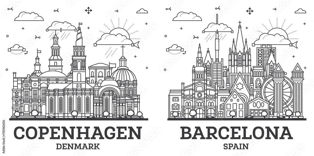 Outline Barcelona Spain and Copenhagen Denmark City Skyline set with Modern and Historic Buildings Isolated on White. Cityscape with Landmarks.