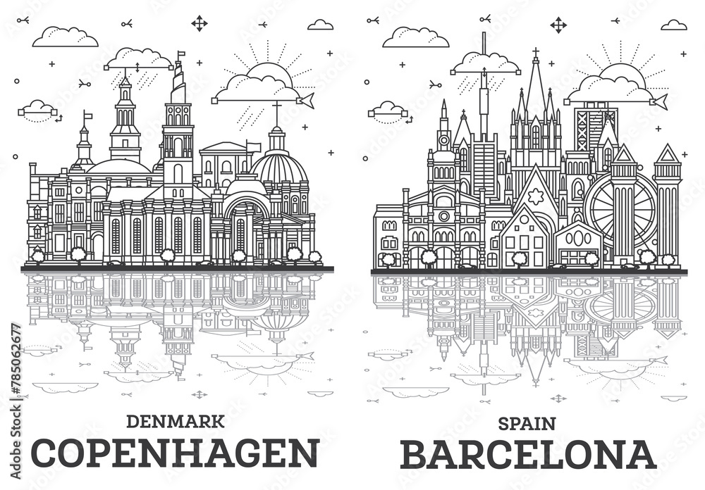 Outline Barcelona Spain and Copenhagen Denmark City Skyline set with Historic Buildings and reflections Isolated on White. Cityscape with Landmarks.