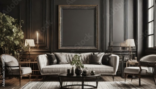 Timeless Elegance: Retro-Inspired Living Room Interior with Mockup Frame in Black - 3D Rendering