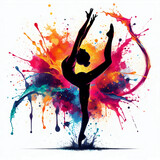  Silhouette of gymnastic splashing colorful paint on white background