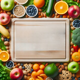 wooden board with fresh fruit and vegetable