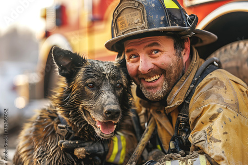 Firefighter holding a wet dog, happy after rescue.