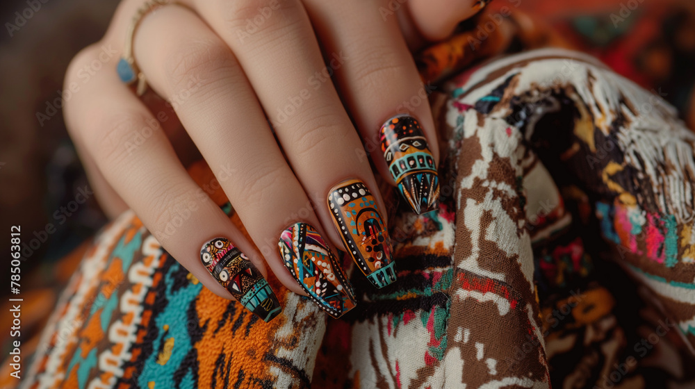 Close-up nail art with bohemian spirit, earthy tones, tribal patterns, relaxed and adventurous mood,. Glamour woman hand with nail polish on her fingernails. Nail art and design