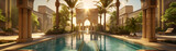 A serene luxurious pool reflecting the beauty of a majestic Moroccan architectural setting at sunset