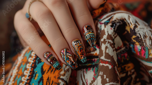 Close-up nail art with bohemian spirit, earthy tones, tribal patterns, relaxed and adventurous mood,. Glamour woman hand with nail polish on her fingernails. Nail art and design