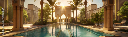 A serene luxurious pool reflecting the beauty of a majestic Moroccan architectural setting at sunset © Armin