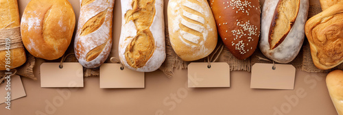 Freshly baked assorted bread loaves with blank tags displayed on a rustic cloth, invoking a sense of artisanal craftsmanship